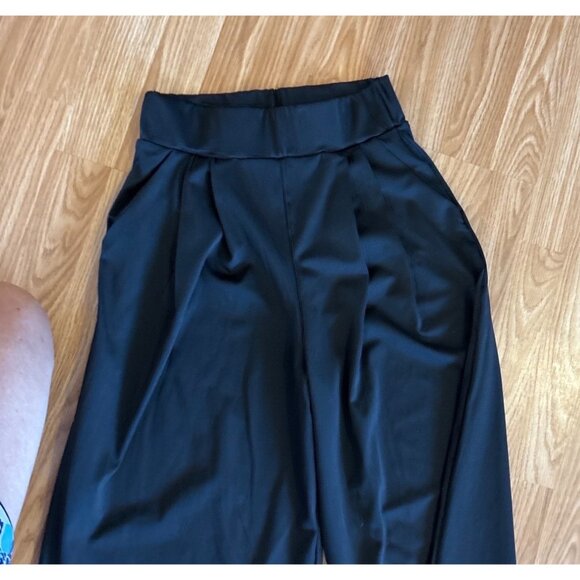 High Waisted Black Wide Leg Pants Sz Med Pleated Front Elastic Waist Polyester - Picture 5 of 9